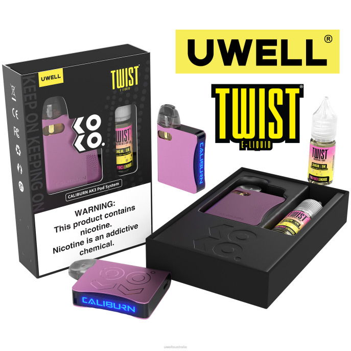 UWELL Australia - UWELL CALIBURN AK3 KIT + A3S 0.8OHM PODS (X2) + DADDY'S VAPOR 10ML SALTS 50MG CRL: Pink/FLV: Pink Punch Lemonade 50mg 448N241