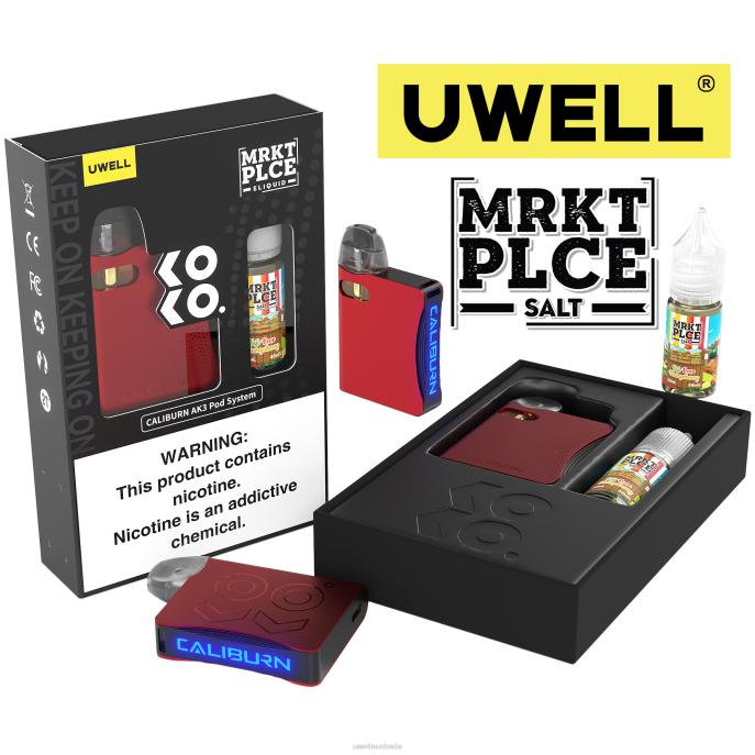 UWELL Sydney - UWELL CALIBURN AK3 KIT + A3S 0.8OHM PODS (X2) + DADDY'S VAPOR 10ML SALTS 50MG CRL: Red/FLV: Fuji Pear Mangoberry 448N245