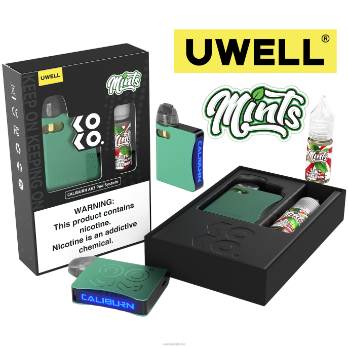 UWELL disposable vape - UWELL CALIBURN AK3 KIT + A3S 0.8OHM PODS (X2) + DADDY'S VAPOR 10ML SALTS 50MG CRL: Cyan/FLV: Peppermint 50mg 448N242