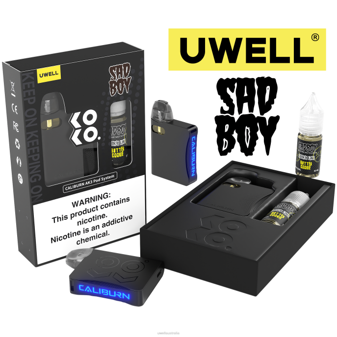 UWELL flavours - UWELL CALIBURN AK3 KIT + A3S 0.8OHM PODS (X2) + DADDY'S VAPOR 10ML SALTS 50MG CRL: Black/FLV: Custard Cookie 50mg 448N243