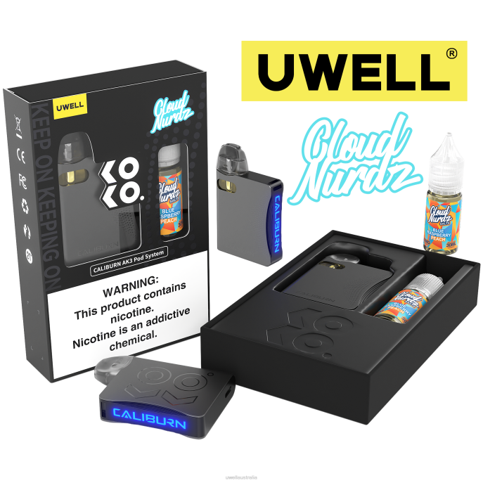 UWELL vape Brisbane - UWELL CALIBURN AK3 KIT + A3S 0.8OHM PODS (X2) + DADDY'S VAPOR 10ML SALTS 50MG CRL: Grey/FLV: Blue Raspberry Peach 448N247