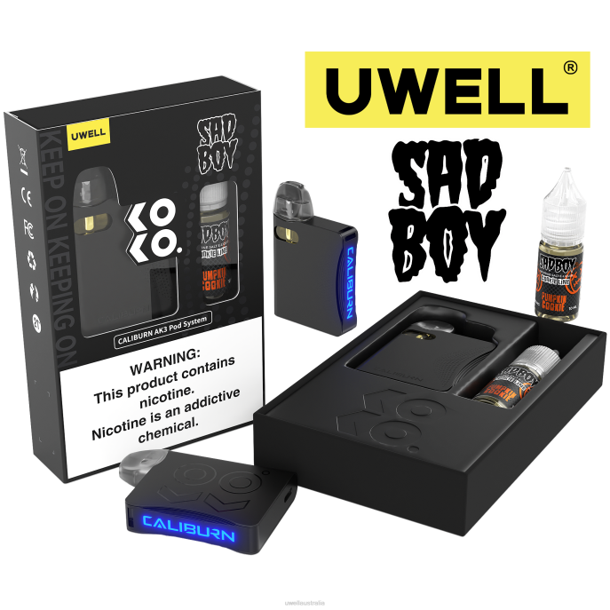 UWELL vape flavours - UWELL CALIBURN AK3 KIT + A3S 0.8OHM PODS (X2) + DADDY'S VAPOR 10ML SALTS 50MG CRL: Black/FLV: Pumpkin Cookie 50mg 448N239