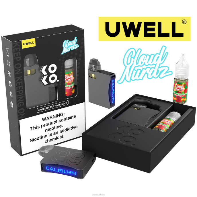 UWELL vape nicotine - UWELL CALIBURN AK3 KIT + A3S 0.8OHM PODS (X2) + DADDY'S VAPOR 10ML SALTS 50MG CRL: Grey/FLV: Sour Watermelon Strawberry 50mg 448N240